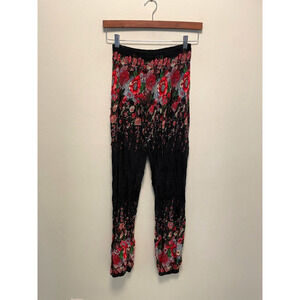 Womens Harem Pants Medium Black Pink Floral Rayon Smocked Pull On Romantic Y2K